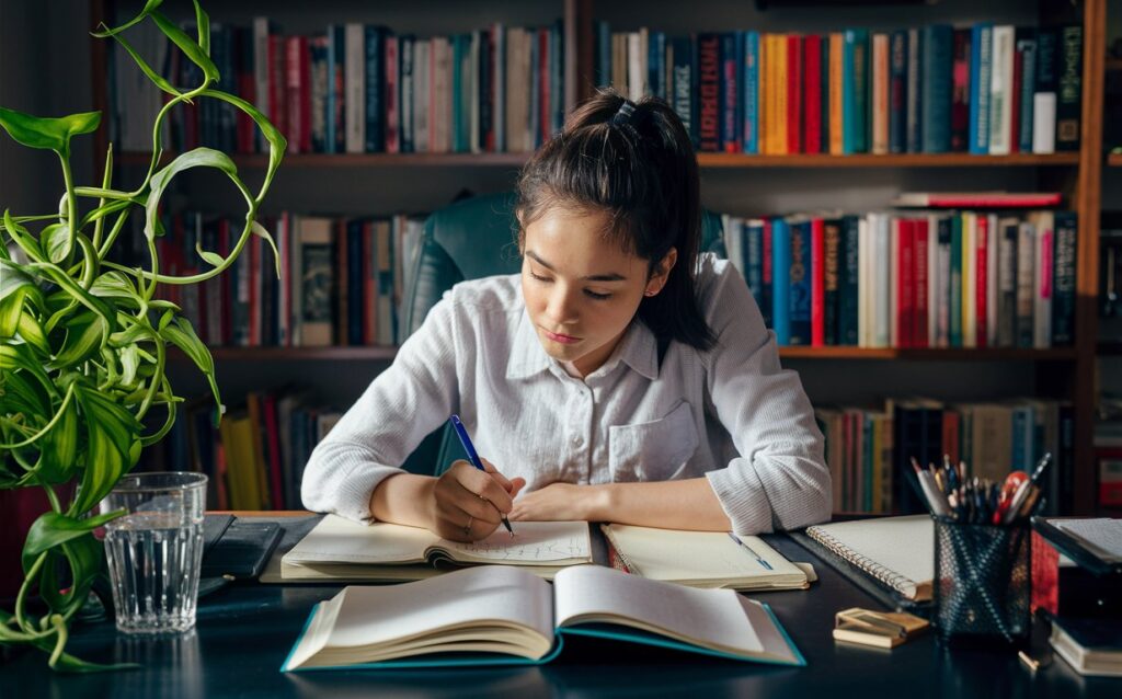 Photo d'une jeune femme en train de prendre des notes devant un livre ouvert devant elle.