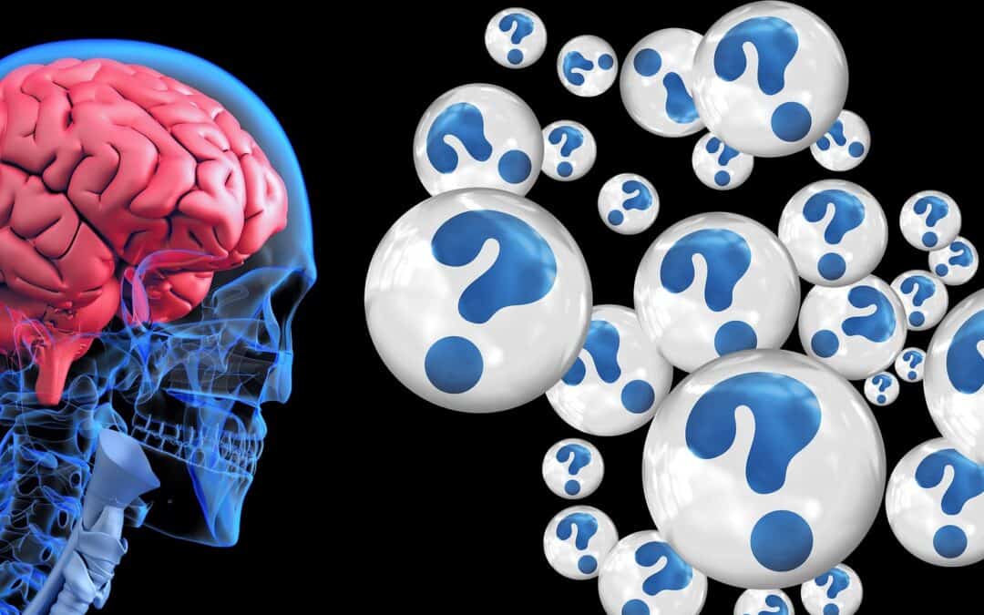 image montrant un cerveau et des bulles contenant des points d'interrogation, pour évoquer des questions sur la mémoire que l'on peut se poser.