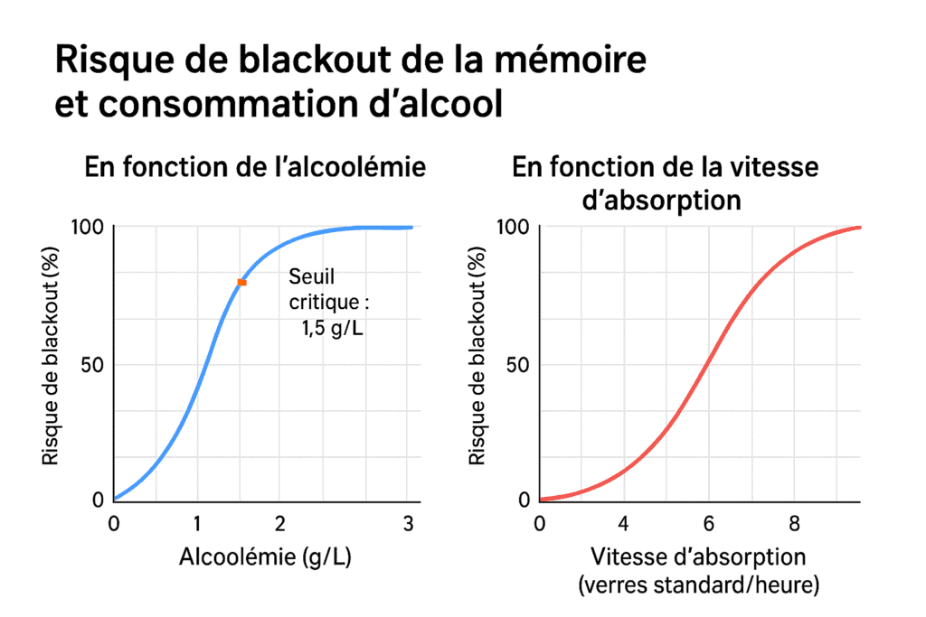 graphiques montrant les risque de blackout de la mémoire en fonction de l'alcoolémie et en fonction de la vitesse d'absorption de l'alcool