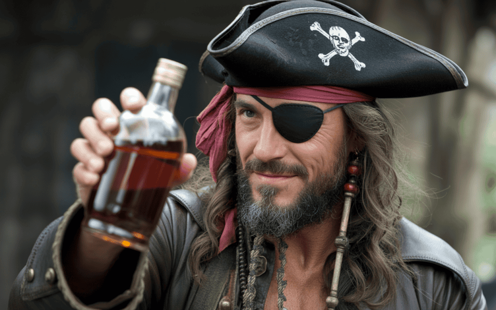 Un pirate tendant une bouteille de rhum