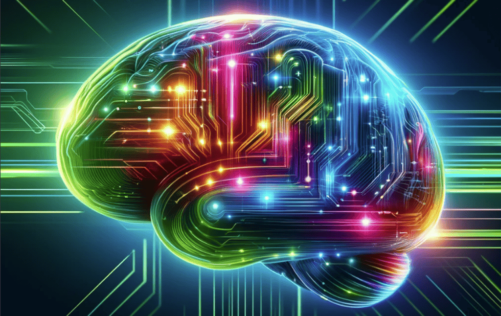 Image représentant un cerveau humain futuriste composé de circuits imprimés