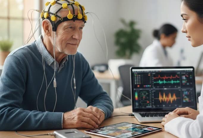 Un homme passant un EEG (test Fastbal) pour dépister Alzheimer.