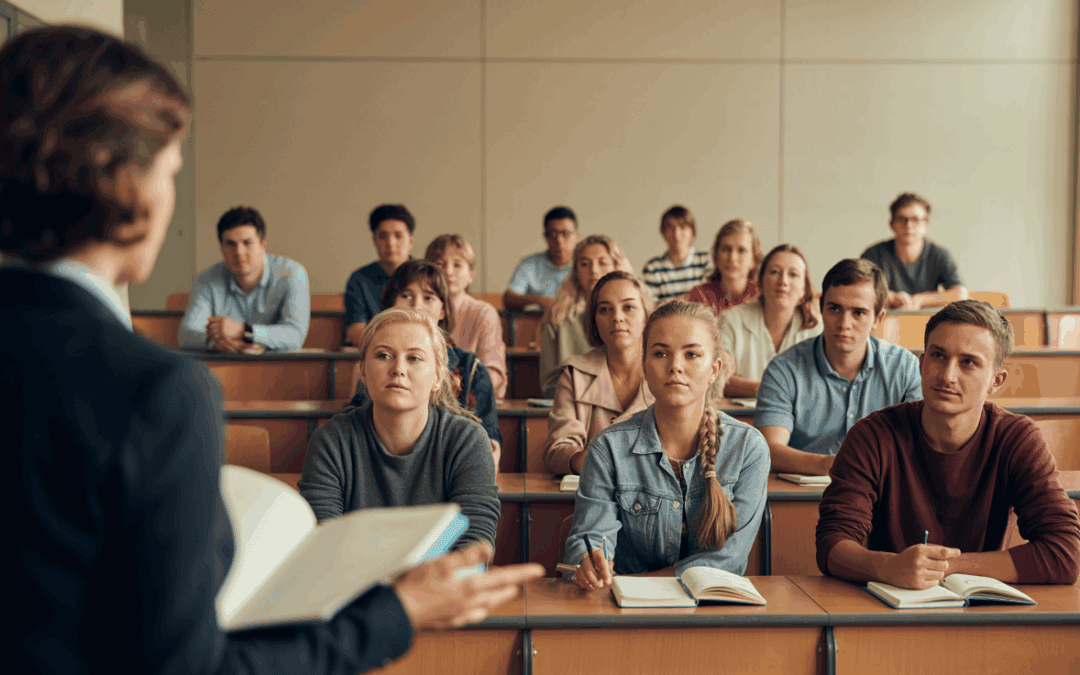On voit des étudiants de face et une professeur de trois quarts dos