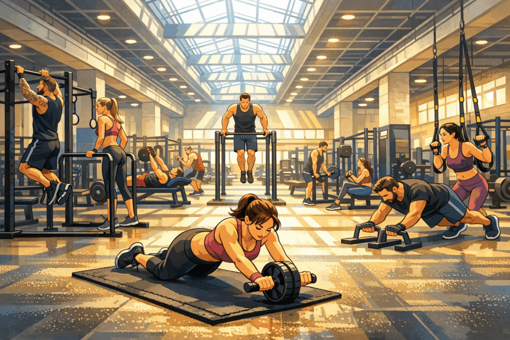 Illustration montrant une salle de sport avec un dizaine de personnes à l'entrainement